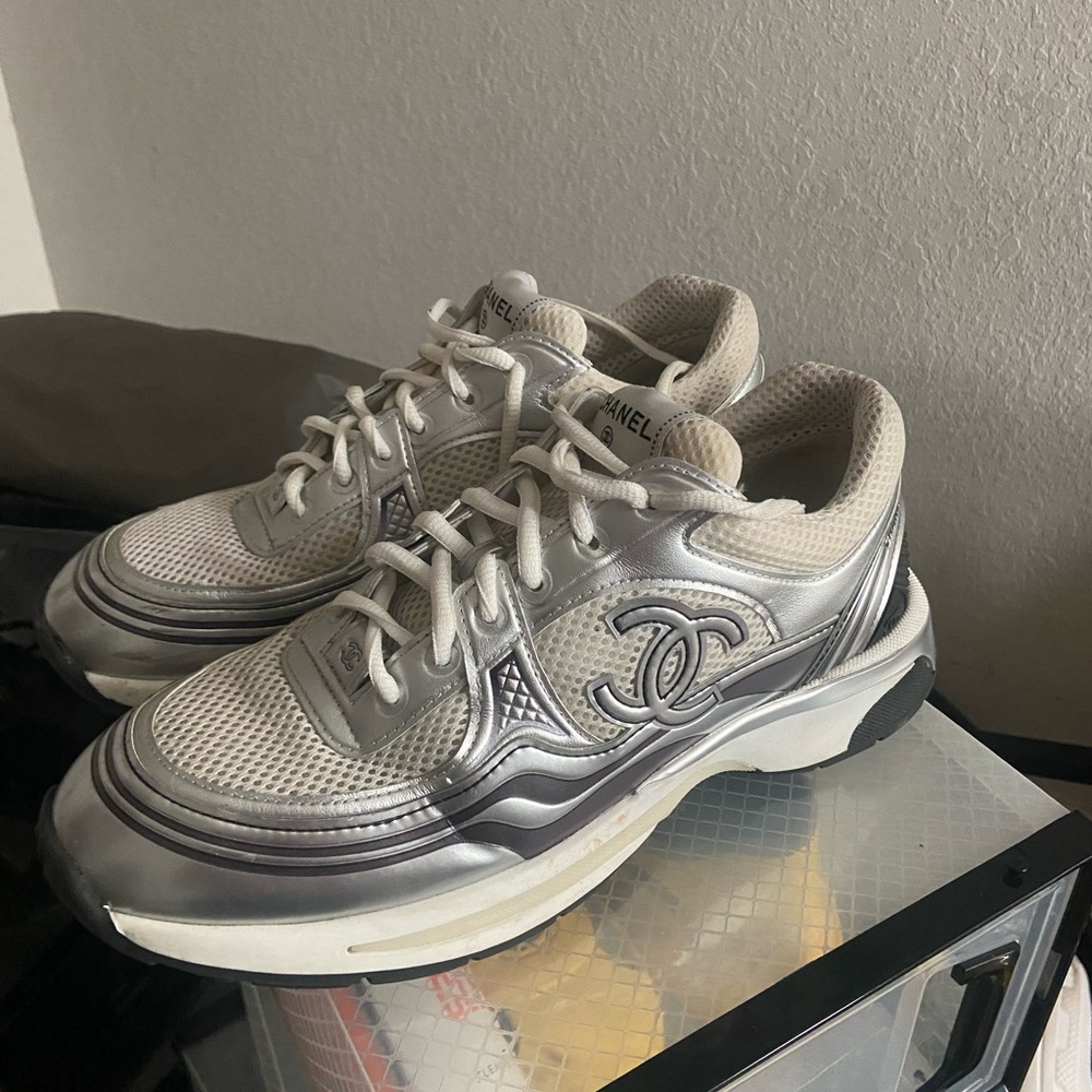 CHANEL Silver and Cream Athletic Shoes